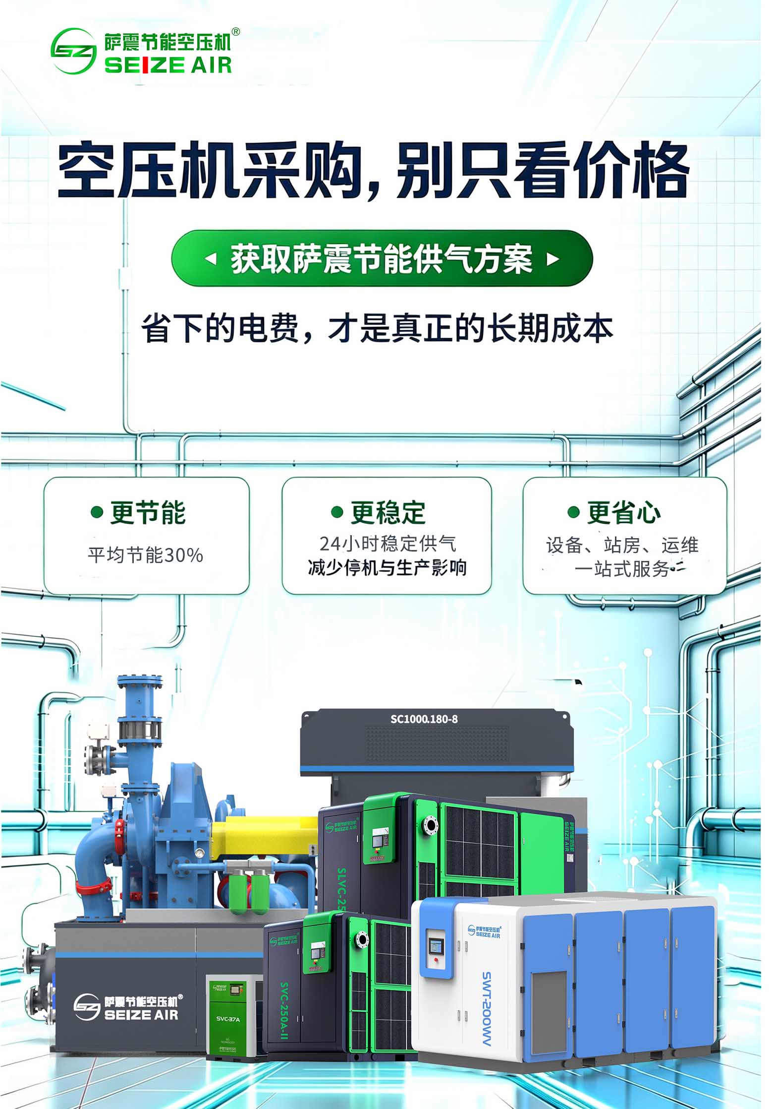 萨震数智化空压机站房，智能联控实现系统级节能，呼应一级能效与实测省电主题